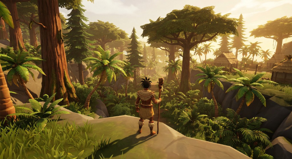 Character with a staff looking over a forested village from a rocky overlook