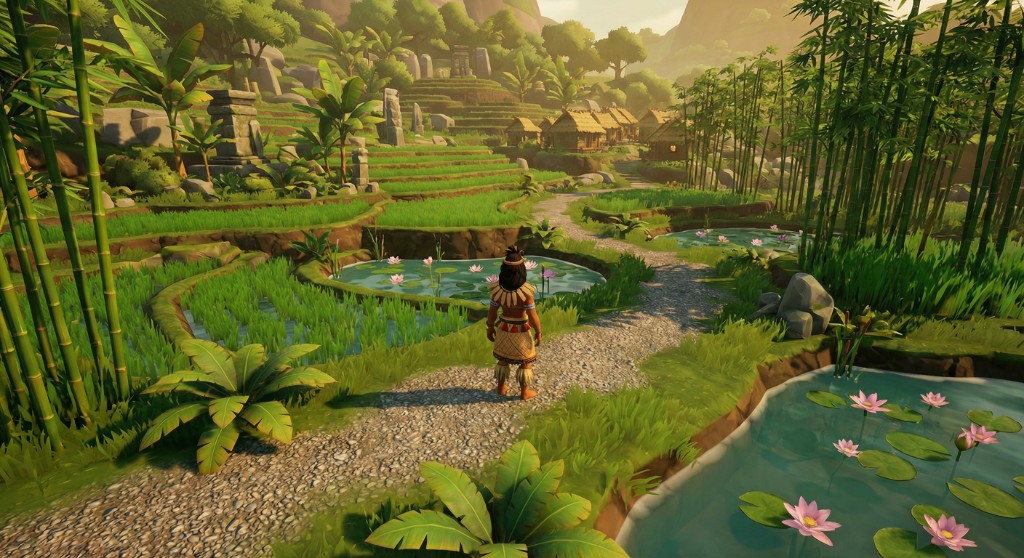 Character walking through terraced rice fields with lotus ponds and bamboo