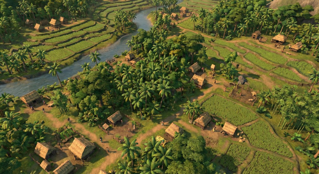 Aerial view of a thriving island settlement with huts, farms, and palm trees