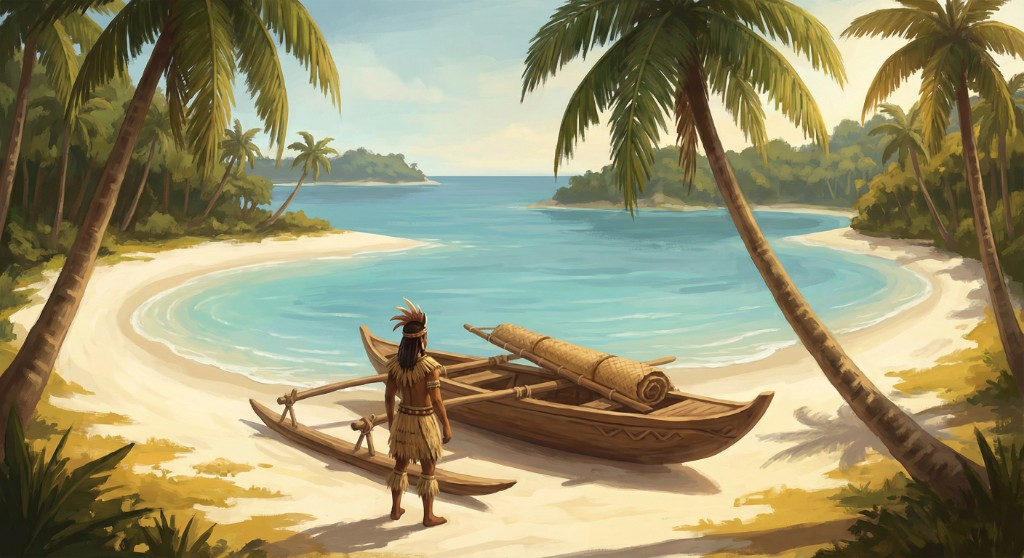 Character standing beside an outrigger canoe on a tropical beach