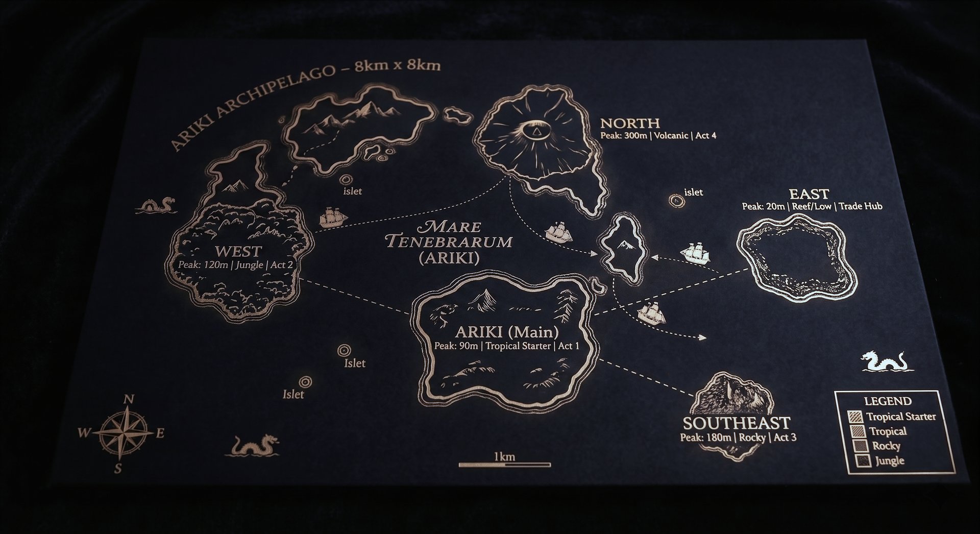 Gold-etched archipelago map showing five islands connected by sailing routes